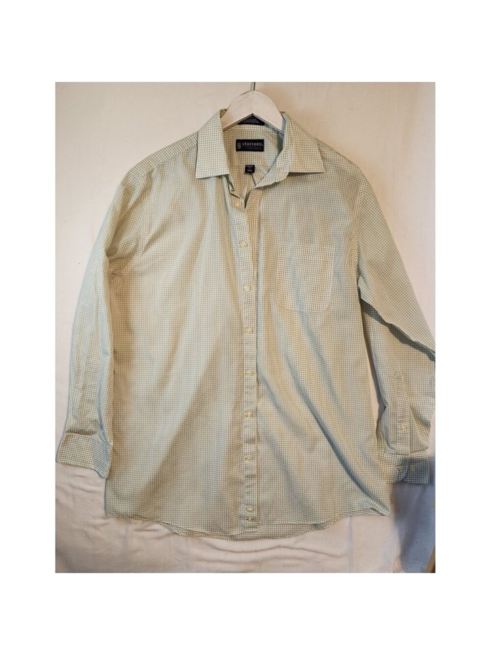 Stafford Essentials Mens Green Gingham Button Down Shirt 16.5 34/35 Regular Fit